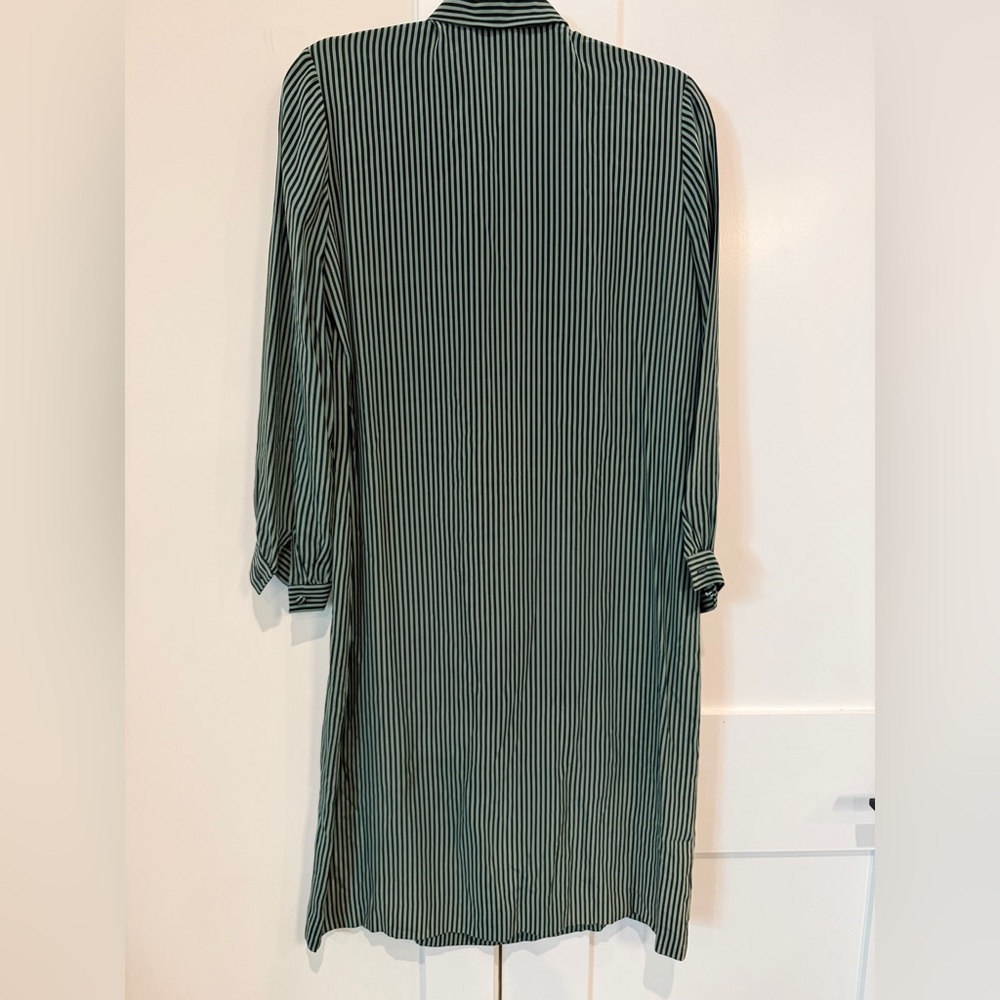 LANVIN Vintage Silk Dark Green Striped Long Sleeve Button Front Dress Size 10 - Picture 14 of 15